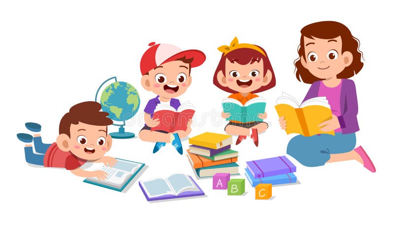 glückliche Kinder lesen zusammen mit dem Lehrer Buch