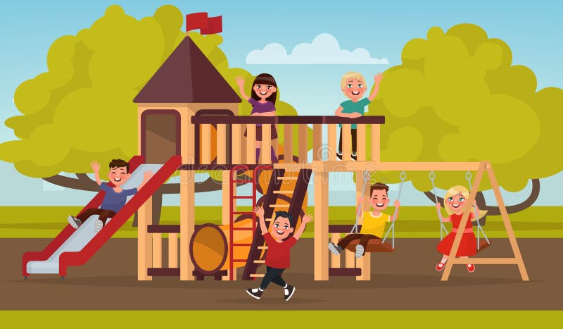 Glückliche Kindheit Kindspiel auf dem Spielplatz Vektor illustr stock abbildung Glückliche Kindheit Kindspiel auf dem Spielplatz Vektor illustr stock abbildung