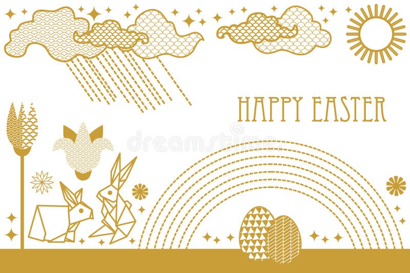 Glückliche Ostern-Karte mit Hasen, blühenden Frühlingsblumen, Regenbogen, Sonne, Wolken und aufwändigen Eiern vektor abbildung Glückliche Ostern-Karte mit Hasen, blühenden Frühlingsblumen, Regenbogen, Sonne, Wolken und aufwändigen Eiern vektor abbildung