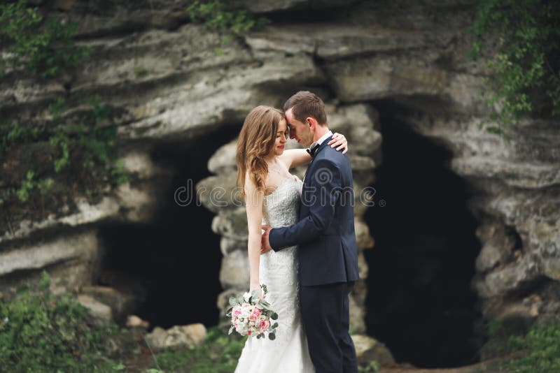Glückliche umarmende und lächelnde Hochzeitspaare auf den herrlichen Anlagen des Hintergrundes im Schloss stockfotos Glückliche umarmende und lächelnde Hochzeitspaare auf den herrlichen Anlagen des Hintergrundes im Schloss stockfotos