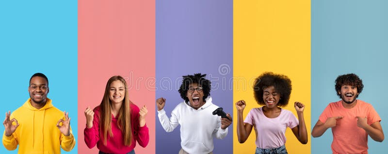 Glückliche und fröhliche Leute feiern lustige Momente in einer farbenfrohen Collage lizenzfreie stockfotos