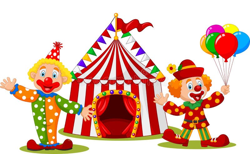 Glücklicher Clown der Karikatur vor Zirkuszelt vektor abbildung Glücklicher Clown der Karikatur vor Zirkuszelt vektor abbildung