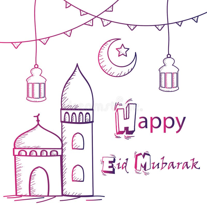 Glücklicher Eid Mubarak-Gruß, Handzeichnende Art mit Moschee, Laternen und Halbmondmond vektor abbildung Glücklicher Eid Mubarak-Gruß, Handzeichnende Art mit Moschee, Laternen und Halbmondmond vektor abbildung
