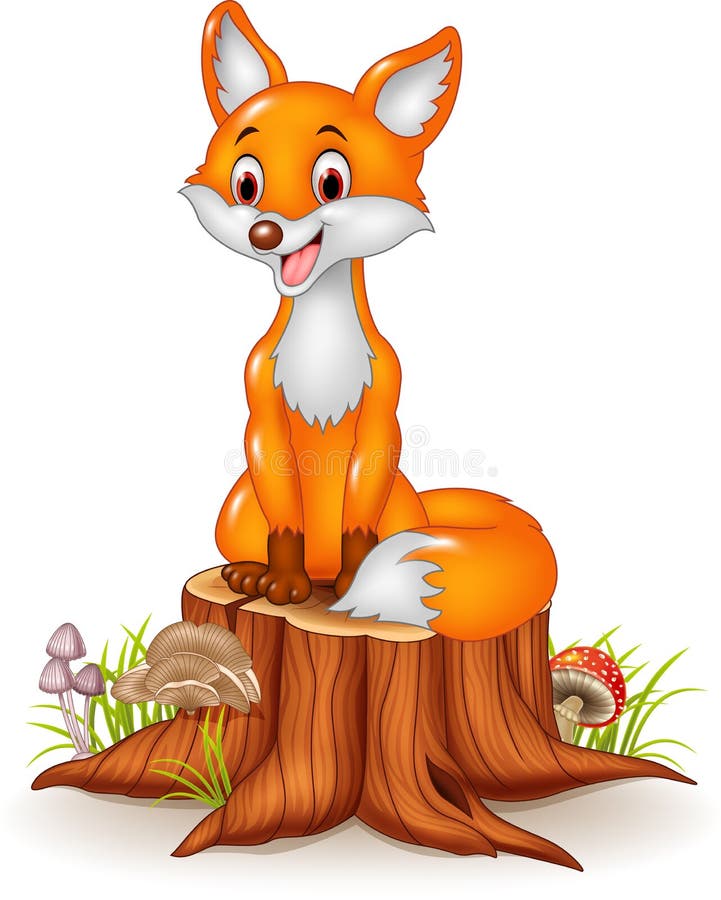 Glücklicher Fuchs der Karikatur, der auf Baumstumpf sitzt