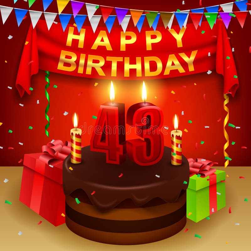Glücklicher 43. Geburtstag mit Schokoladencremekuchen und dreieckiger Flagge stock abbildung Glücklicher 43. Geburtstag mit Schokoladencremekuchen und dreieckiger Flagge stock abbildung