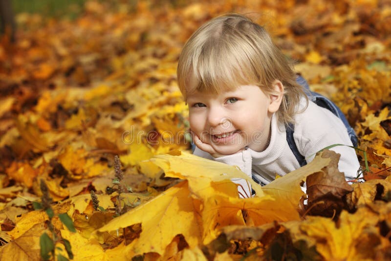 Glücklicher Junge in den Blättern des Herbstes lizenzfreie stockbilder Glücklicher Junge in den Blättern des Herbstes lizenzfreie stockbilder