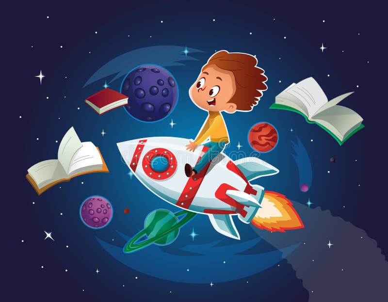 Glücklicher Junge, der und im Raum sich vorstellen fährt eine Spielzeugweltraumrakete spielt Bücher, Planeten, Rakete und Sterne