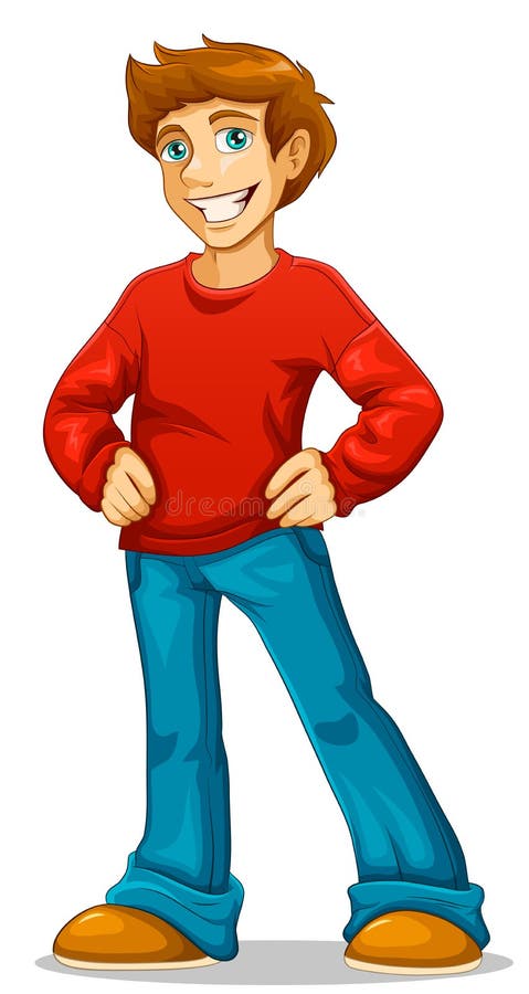 Cartoon happy young man standing with his hand on his hips. Cartoon happy young man standing with his hand on his hips