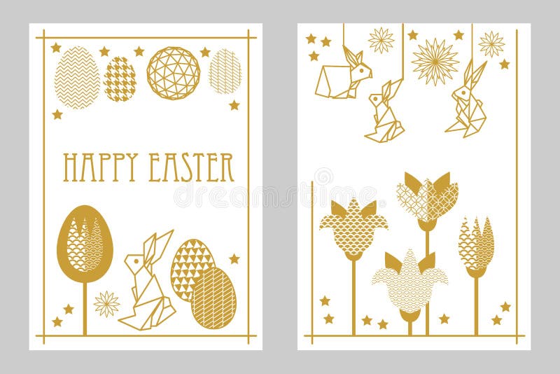 Glücklicher Ostern-Kartensatz mit Hasen, blühenden Tulpen und aufwändigen Eiern stock abbildung Glücklicher Ostern-Kartensatz mit Hasen, blühenden Tulpen und aufwändigen Eiern stock abbildung