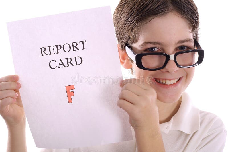 Shot of a Happy nerd with report card glasses down. Shot of a Happy nerd with report card glasses down