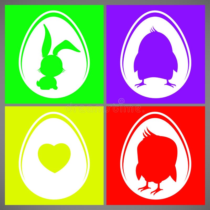 Glücklicher Vektorillustrations-Karten Satz Ostern bunter mit Kaninchen-, Hühner- und Herzschattenbildern im Ei stock abbildung Glücklicher Vektorillustrations-Karten Satz Ostern bunter mit Kaninchen-, Hühner- und Herzschattenbildern im Ei stock abbildung