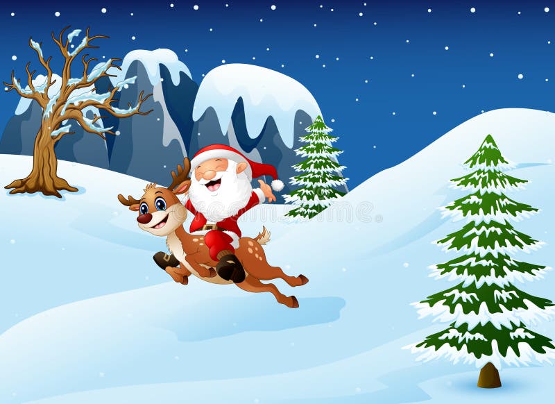 Glücklicher Weihnachtsmann, der ein Ren abwärts springt auf Schnee reitet stock abbildung Glücklicher Weihnachtsmann, der ein Ren abwärts springt auf Schnee reitet stock abbildung