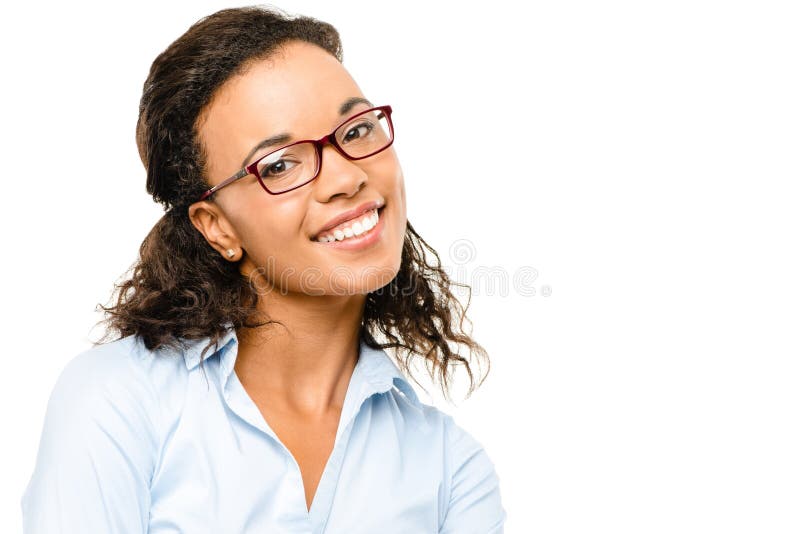 Glückliches Afroamerikaner-Geschäftsfraulächeln lokalisiert auf Weiß