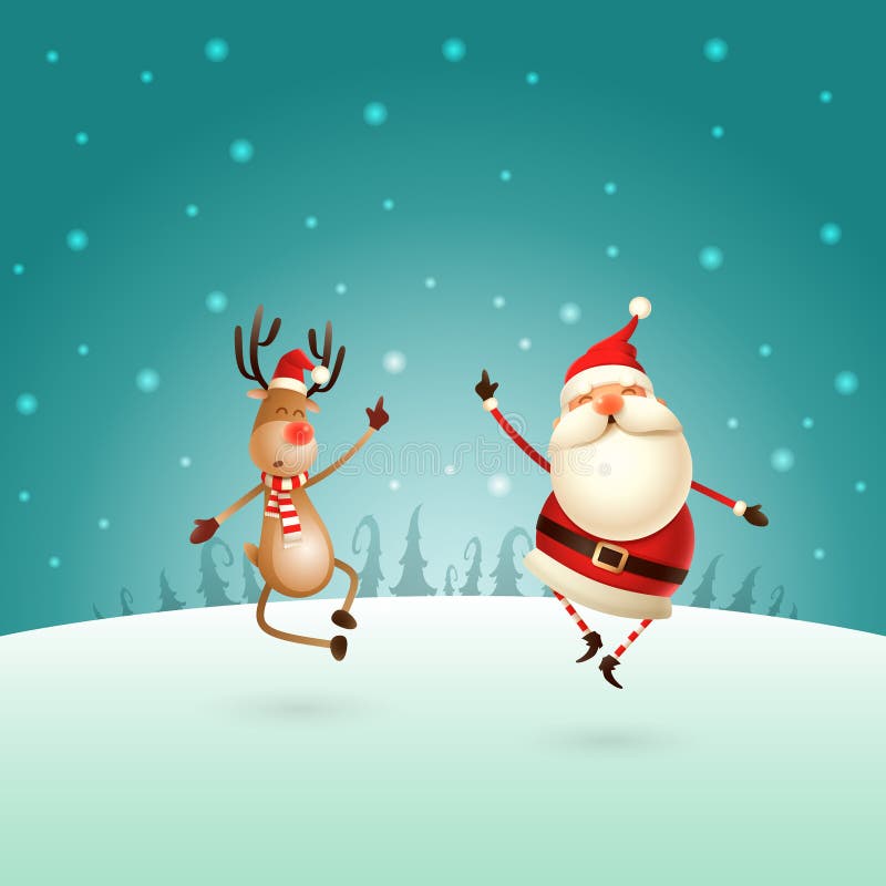 Glückliches expresion von Santa Claus und von Ren - sie gerade oben springend und ihre Fersen holen, die zusammen rechtes darunte lizenzfreie abbildung Glückliches expresion von Santa Claus und von Ren - sie gerade oben springend und ihre Fersen holen, die zusammen rechtes darunte lizenzfreie abbildung