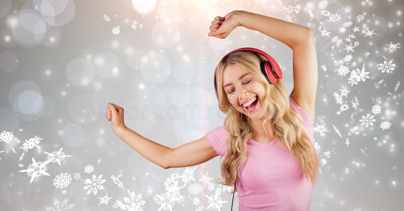 Digital composite of Happy woman dancing while enjoying music on headphones. Digital composite of Happy woman dancing while enjoying music on headphones