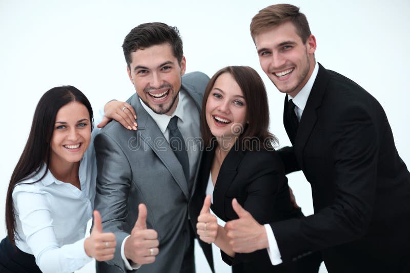 Glückliches Geschäftsteam, das sich Daumen zeigt I stockbild Glückliches Geschäftsteam, das sich Daumen zeigt I stockbild