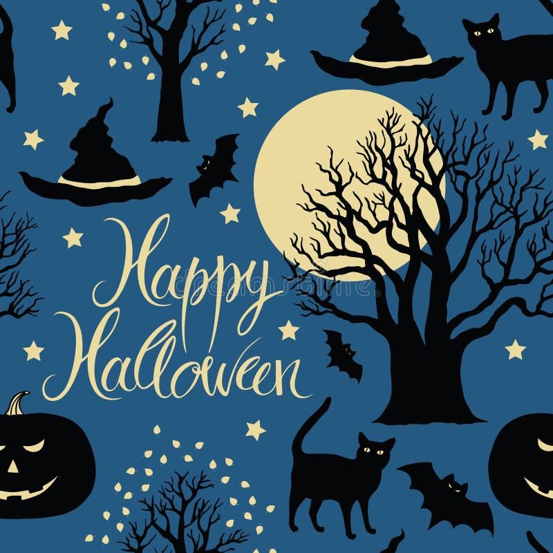 Glückliches Halloween, Kürbise, Schläger und Katzen. Schwarzer tr
