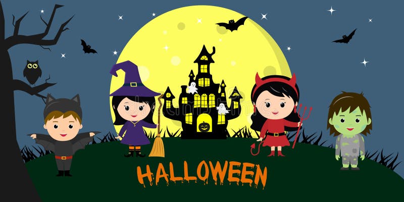 Glückliches Halloween Halloween-Parteikinder von Charakteren in den verschiedenen Kostümen vor dem hintergrund des Vollmonds, nac lizenzfreie abbildung Glückliches Halloween Halloween-Parteikinder von Charakteren in den verschiedenen Kostümen vor dem hintergrund des Vollmonds, nac lizenzfreie abbildung