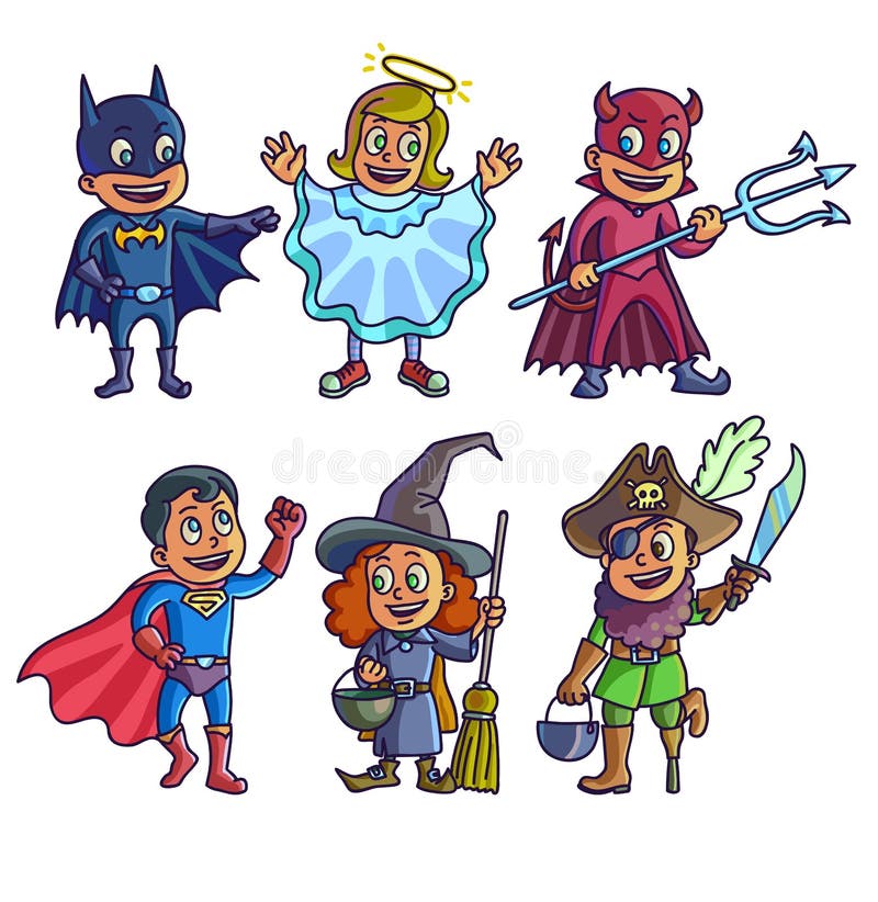 Glückliches Halloween Satz nette Kinder der Karikatur in den verschiedenen Kostümen Batman, Hexe, Engel, Teufelsuperheld und Pira vektor abbildung Glückliches Halloween Satz nette Kinder der Karikatur in den verschiedenen Kostümen Batman, Hexe, Engel, Teufelsuperheld und Pira vektor abbildung