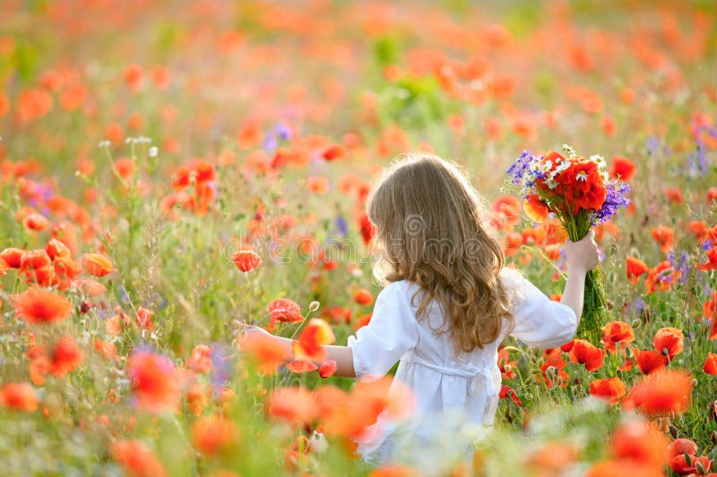 Glückliches Kindermädchen mit Feld blüht Betrieb auf Wiese im Sommer lizenzfreie stockbilder