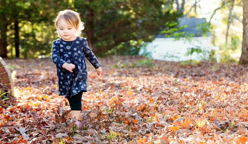 Glückliches Kleinkindmädchen, das draußen im Fall spielt stockfotografie Glückliches Kleinkindmädchen, das draußen im Fall spielt stockfotografie