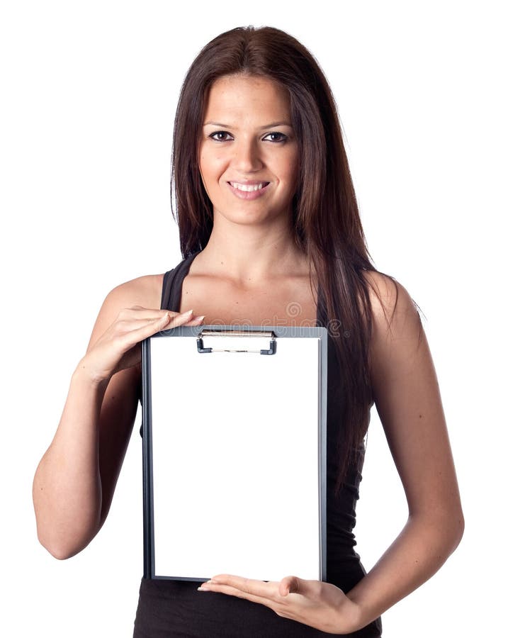 Glückliches Kursteilnehmermädchen mit unbelegtem Klemmbrett lizenzfreies stockbild