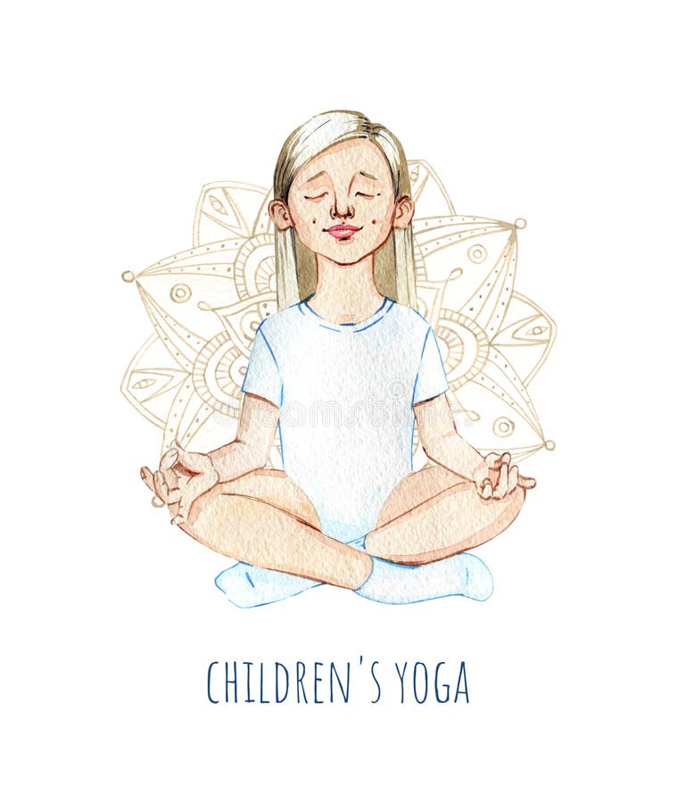 Glückliches Mädchen des von Hand gezeichneten Aquarells, welches das Yoga der Kinder tut lizenzfreie abbildung Glückliches Mädchen des von Hand gezeichneten Aquarells, welches das Yoga der Kinder tut lizenzfreie abbildung