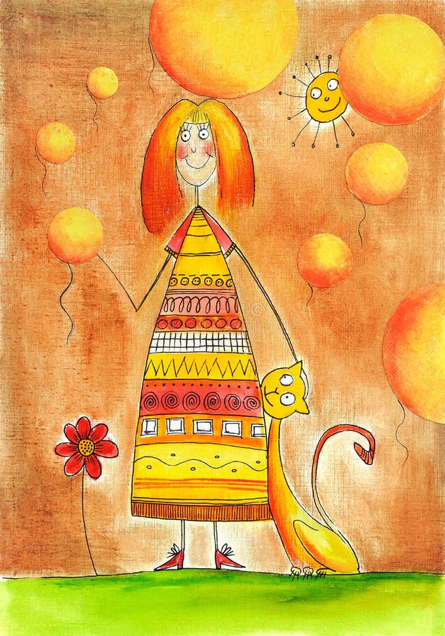 Glückliches Mädchen mit Katze, die Zeichnung des Kindes, Aquarellmalerei lizenzfreie abbildung Glückliches Mädchen mit Katze, die Zeichnung des Kindes, Aquarellmalerei lizenzfreie abbildung