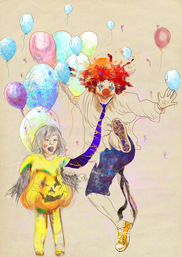 Glückliches Mädchen und glücklicher Clown lizenzfreie abbildung Glückliches Mädchen und glücklicher Clown lizenzfreie abbildung