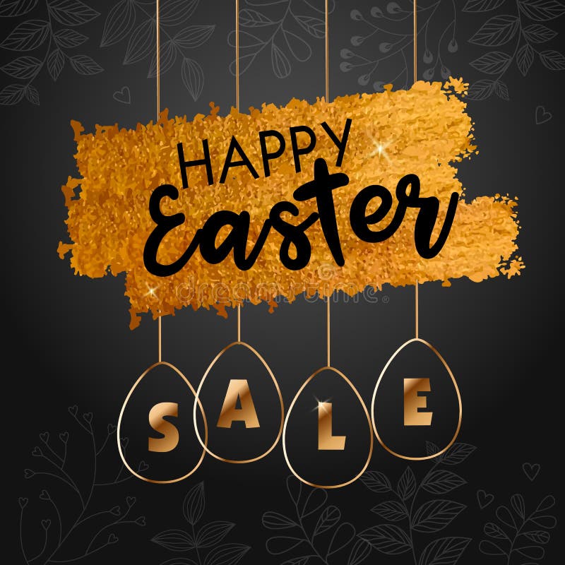 Glückliches Ostern-Verkaufsangebot, schwarze Fahnenschablone Goldaufwändige Eier mit der Beschriftung, lokalisiert auf schwarzem lizenzfreie abbildung Glückliches Ostern-Verkaufsangebot, schwarze Fahnenschablone Goldaufwändige Eier mit der Beschriftung, lokalisiert auf schwarzem lizenzfreie abbildung