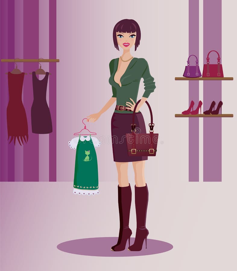 Illustration of a young woman wearing a green blouse, a purple skirt and violet boots, holding a hanger with a girl's dress. The background is a stylized interior of a fashion boutique. Illustration of a young woman wearing a green blouse, a purple skirt and violet boots, holding a hanger with a girl's dress. The background is a stylized interior of a fashion boutique.