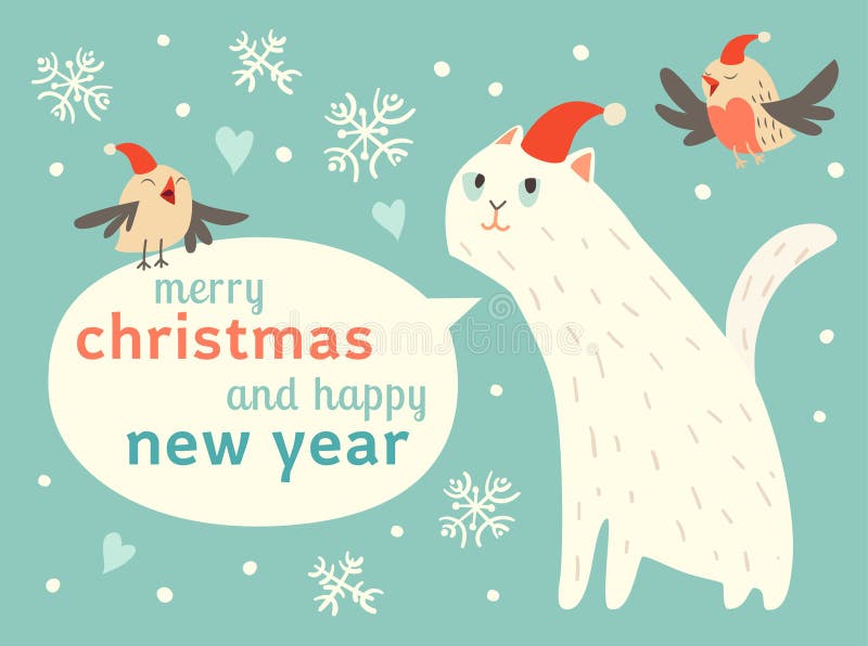 Glückliches Weihnachts- und guten Rutsch ins Neue Jahr-Karte mit netten Katzen und Vögeln in Sankt-Hut lizenzfreie abbildung Glückliches Weihnachts- und guten Rutsch ins Neue Jahr-Karte mit netten Katzen und Vögeln in Sankt-Hut lizenzfreie abbildung