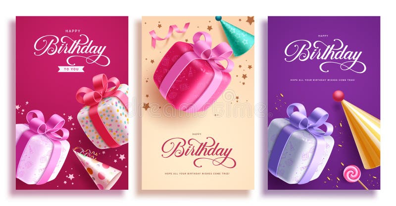 Glückwunsch Geburtstag Begrüßung Vektorplakatdesign. Geburtstagseinladungskarte mit farbenfroher Geschenkbox stock abbildung