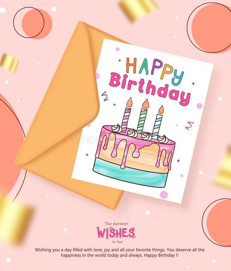 Glückwunsch zum Geburtstag Gruß Karte Clipart Design. Geburtstagswünsche und Botschaft mit braunem Umschlag und handgezeichnet stock abbildung