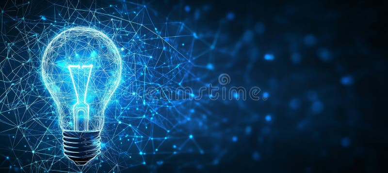 Glühbirne mit Netzwerkverbindung auf dunkelblauem Hintergrund Innovation und ai Concept lizenzfreie abbildung