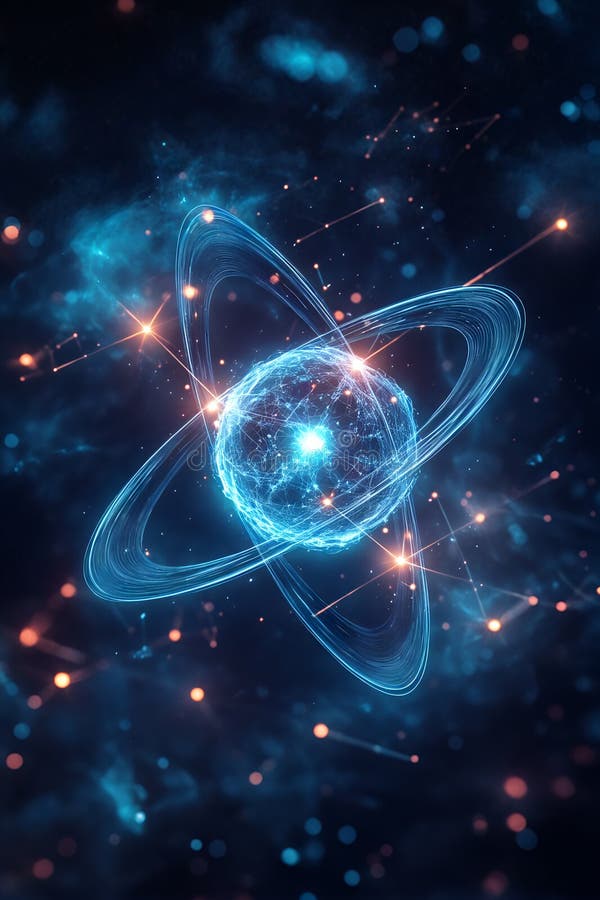 Glühende Atomstruktur mit kreisenden Partikeln im kosmischen Raum stock abbildung