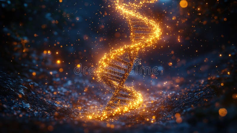 Glühende dna helix in lebendiger kosmischer Umgebung mit funkelnden Partikeln lizenzfreies stockbild