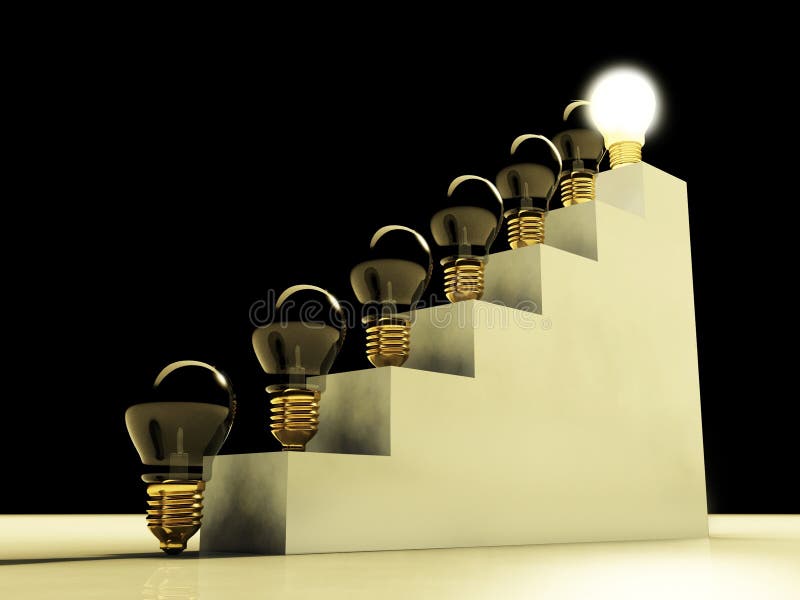 Glühende Glühlampe auf Treppen, Erfolg und Karriere vektor abbildung