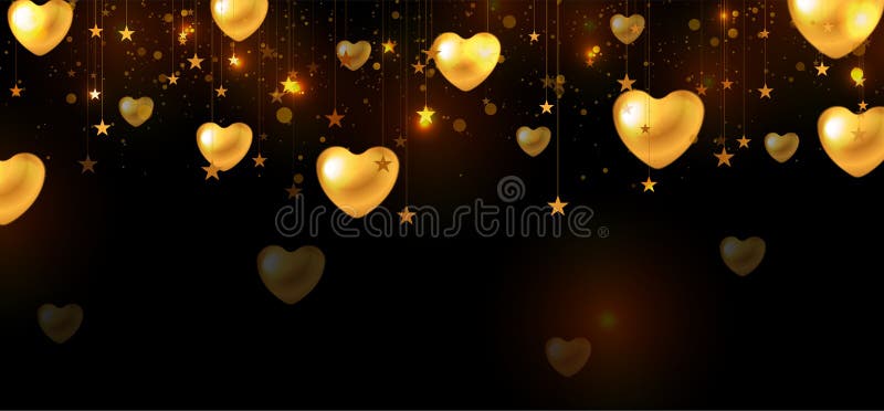 Glühende goldene hängende Sterne und glänzende Herzen Valentines Day abstrakten Hintergrund stock abbildung