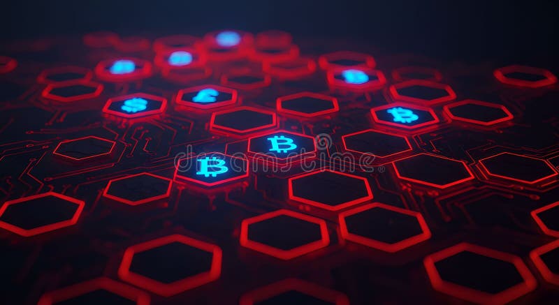Glühende Kryptowährungssymbole auf einem dunklen Hexagonalnetzwerk vektor abbildung