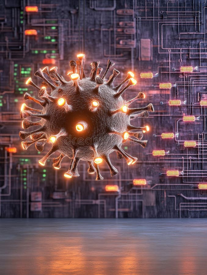 Glühende luxuriöse Bestandsaufnahme mit goldenem Virus, die ein Symbol für die Technologie zur Anfälligkeit digitaler Bedrohungen vektor abbildung