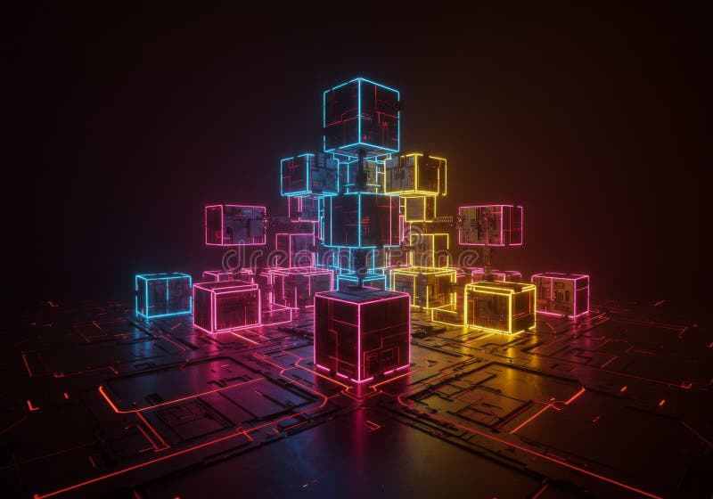 Glühende Neon Cubes Abstract 3D Render lizenzfreie abbildung