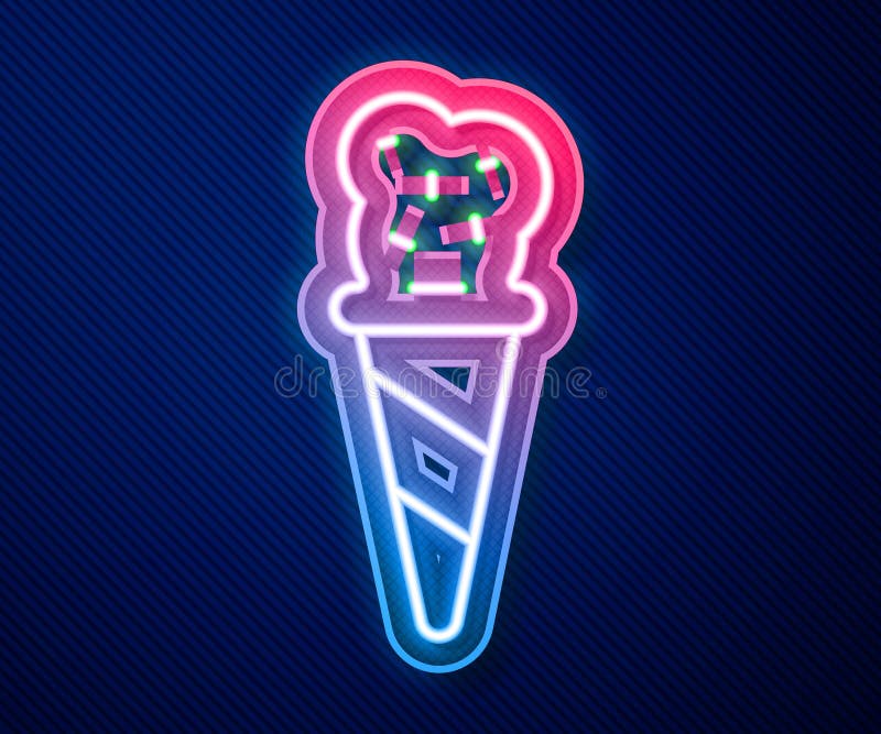 Glühende Neonlinie Eiscreme in der Waffelkegelikone isoliert auf blauem Hintergrund. Süßes Symbol. Vektor lizenzfreie abbildung