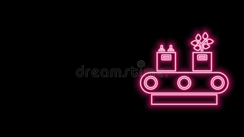 Glühende Neonlinie Förderband mit der Pappschachtelikone isoliert auf schwarzen Hintergrund grafische Animation Videobewegung 4K lizenzfreie abbildung
