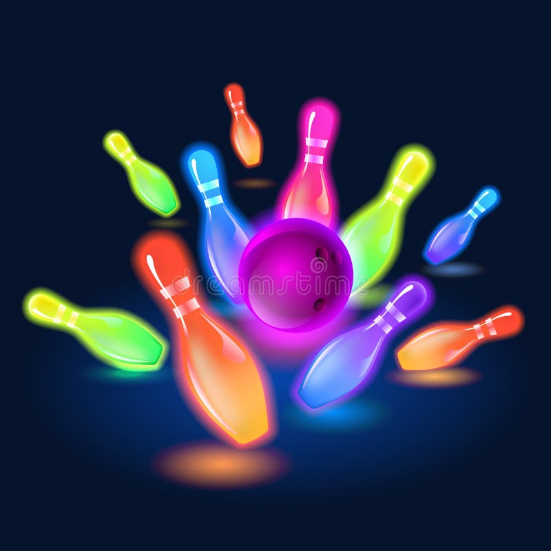Glühende Neonstifte des Bowlingspiels Vektorclipartillustration lizenzfreie abbildung Glühende Neonstifte des Bowlingspiels Vektorclipartillustration lizenzfreie abbildung