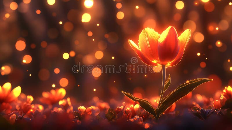 Glühende Orange Tulip in dunklem Feld mit Bokeh Lights lizenzfreie abbildung