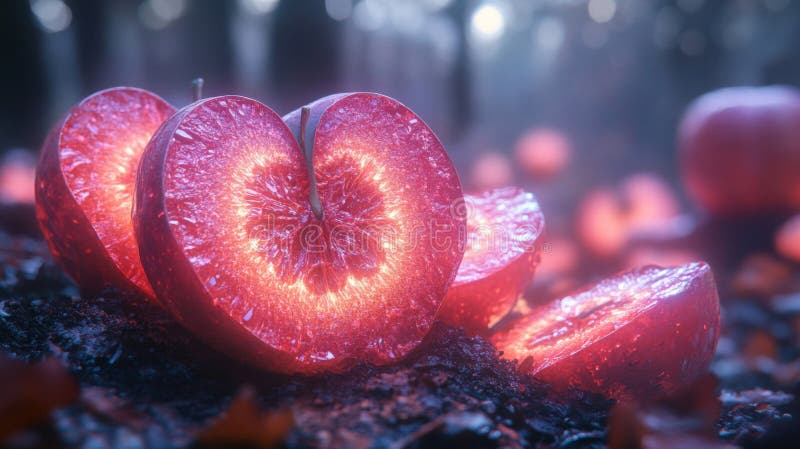 Glühende rote Apfelscheiben im Dunklen Wald vektor abbildung