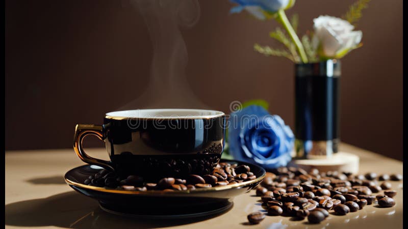 Glühende schwarze Kaffeetasse auf einer Untertasse, umgeben von Bohnen mit blauen und weißen Rosen stock footage