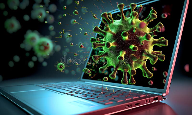 Glühende Virusgrafik, die von einem Laptop ausgeht lizenzfreie abbildung