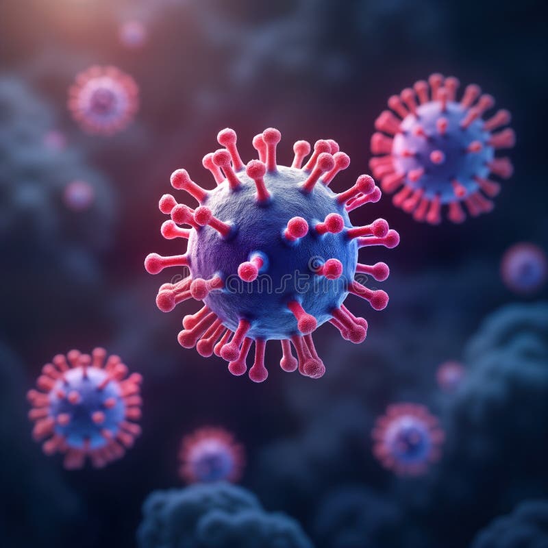 Glühende Viruspartikel schwimmen. mikroskopische Sicht des Influenzavirus. medizinische Veranschaulichung. Krankheitsübertragung. stock abbildung